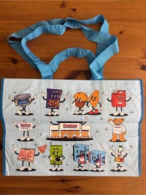 Costco Reusable Tote Bag with Grocery Character Art - Light Blue